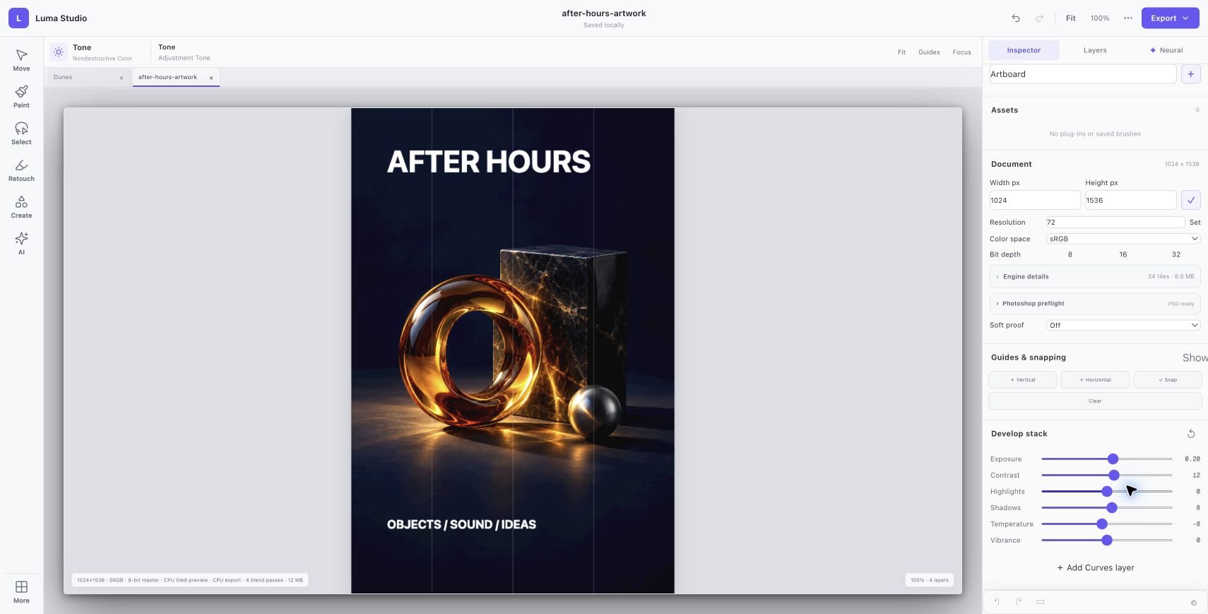Luma Studio: Develop the atmosphere. A tone layer sets exposure to 0.20, contrast to 12, shadows to 8 and temperature to −8. The before and after views use the same composition.